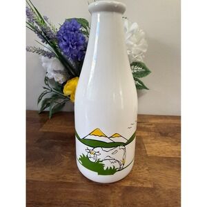 Vintage Canadian Ceramic Milk Bottle Pitcher Hand-Painted Cow and Mountain Scene